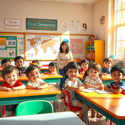 A vibrant classroom scene depicting elementary school students engaged in civic education