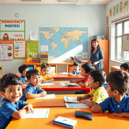 A vibrant classroom scene depicting elementary school students engaged in civic education