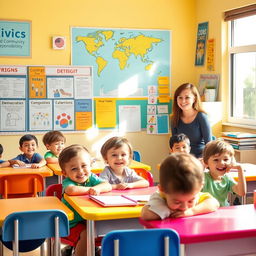 A vibrant classroom scene depicting elementary school students engaged in civic education