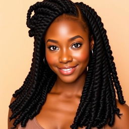 A beautiful black woman with her hair styled in elegant two-strand twists