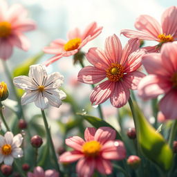 A close-up view of a delicate and whimsical illustration of nature, featuring flowers with intricate details and playful, vibrant splashes of color