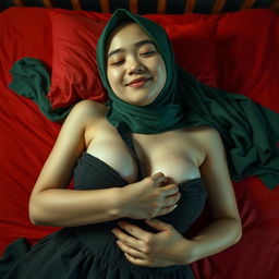 A 21-year-old stunning Chinese girl with a long green hijab, lying on a red bed in a sultry pose