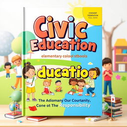 A vibrant and engaging book cover design for a Civic Education textbook aimed at elementary school students