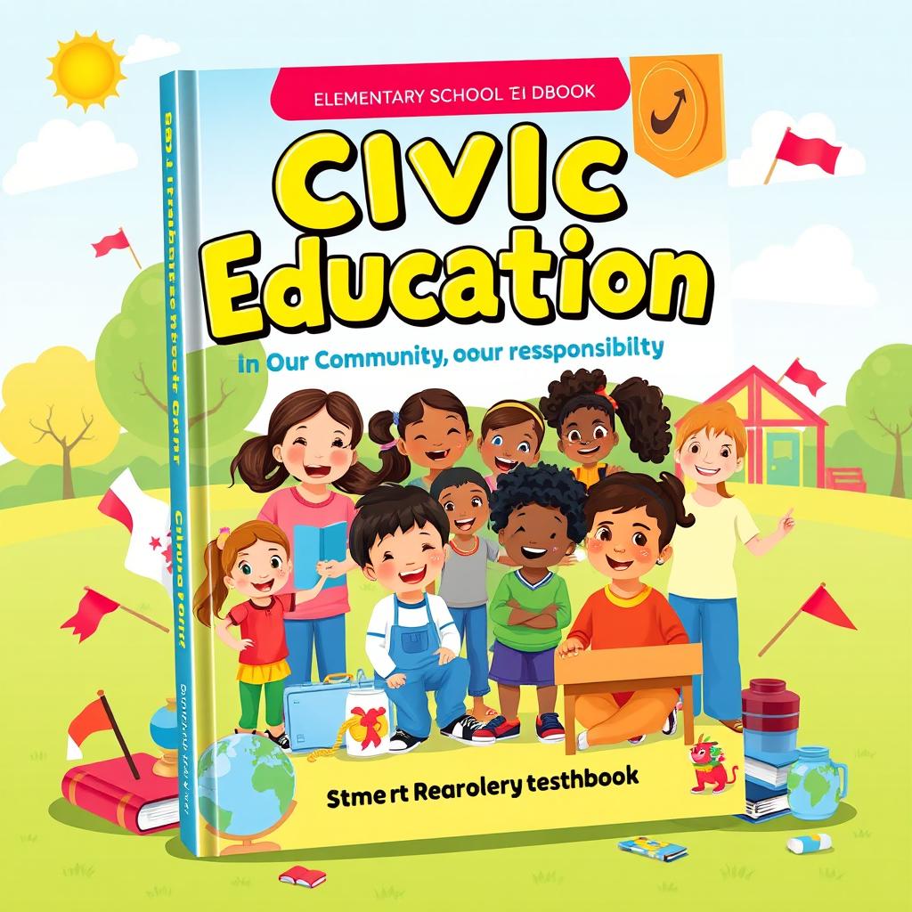 A vibrant and engaging book cover design for a Civic Education textbook aimed at elementary school students