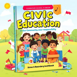 A vibrant and engaging book cover design for a Civic Education textbook aimed at elementary school students