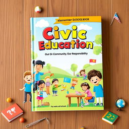 A vibrant and engaging book cover design for a Civic Education textbook aimed at elementary school students