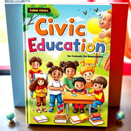 A vibrant and engaging book cover design for a Civic Education textbook aimed at elementary school students