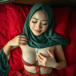 A stunning 21-year-old Chinese girl with a long, green hijab, lying on a luxurious red bed