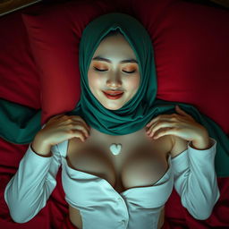 A stunning 21-year-old Chinese girl with a long, green hijab, lying on a luxurious red bed