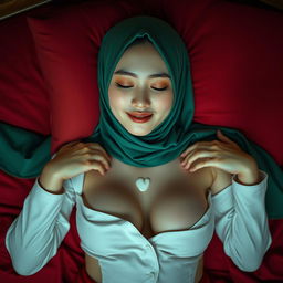 A stunning 21-year-old Chinese girl with a long, green hijab, lying on a luxurious red bed