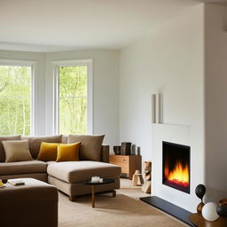 A rectangular living room with a warm fireplace and a sleek television. Windows adorn one corner, filling the space with natural light. An L-shaped couch and a plush chair provide a cozy seating area.