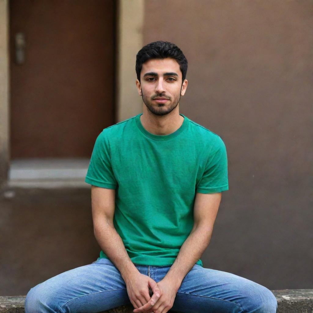 Reinstating the previous casual look, the young Arabic man once again wears the bottle green t-shirt and blue jeans, set against the now darker surroundings.