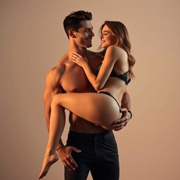 A sexy muscular man with a chiseled body, standing confidently while holding a cute young woman, who is 20 years old, dressed in alluring lingerie