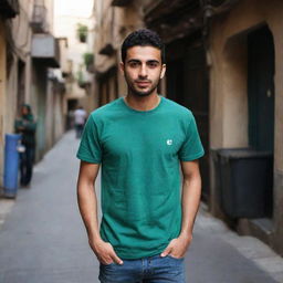 Reinstating the previous casual look, the young Arabic man once again wears the bottle green t-shirt and blue jeans, set against the now darker surroundings.