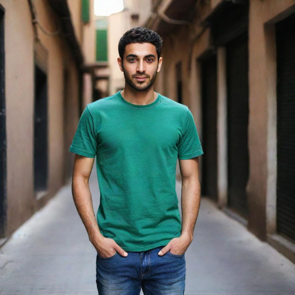 Reinstating the previous casual look, the young Arabic man once again wears the bottle green t-shirt and blue jeans, set against the now darker surroundings.