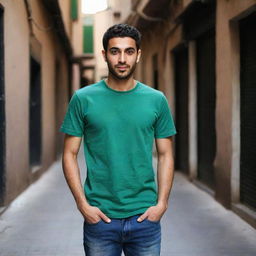 Reinstating the previous casual look, the young Arabic man once again wears the bottle green t-shirt and blue jeans, set against the now darker surroundings.