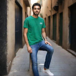 Reinstating the previous casual look, the young Arabic man once again wears the bottle green t-shirt and blue jeans, set against the now darker surroundings.