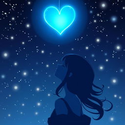 A character seen in profile, gazing up at a luminescent star shaped like a night blue heart