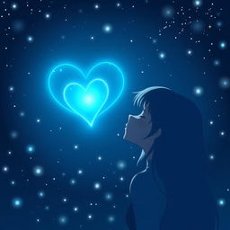 A character seen in profile, gazing up at a luminescent star shaped like a night blue heart