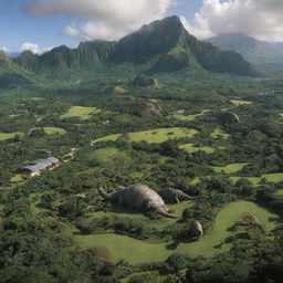 Visualize an extensive panorama view of Jurassic Park on Isla Nublar, brought to life by John Hammond. The iconic visitor center at the forefront, dinosaurs roaming freely and the lush green landscapes all under Hammond's watchful eye.