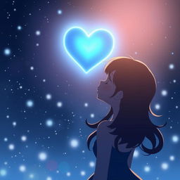 A character seen in profile, gazing up at a luminescent star shaped like a night blue heart