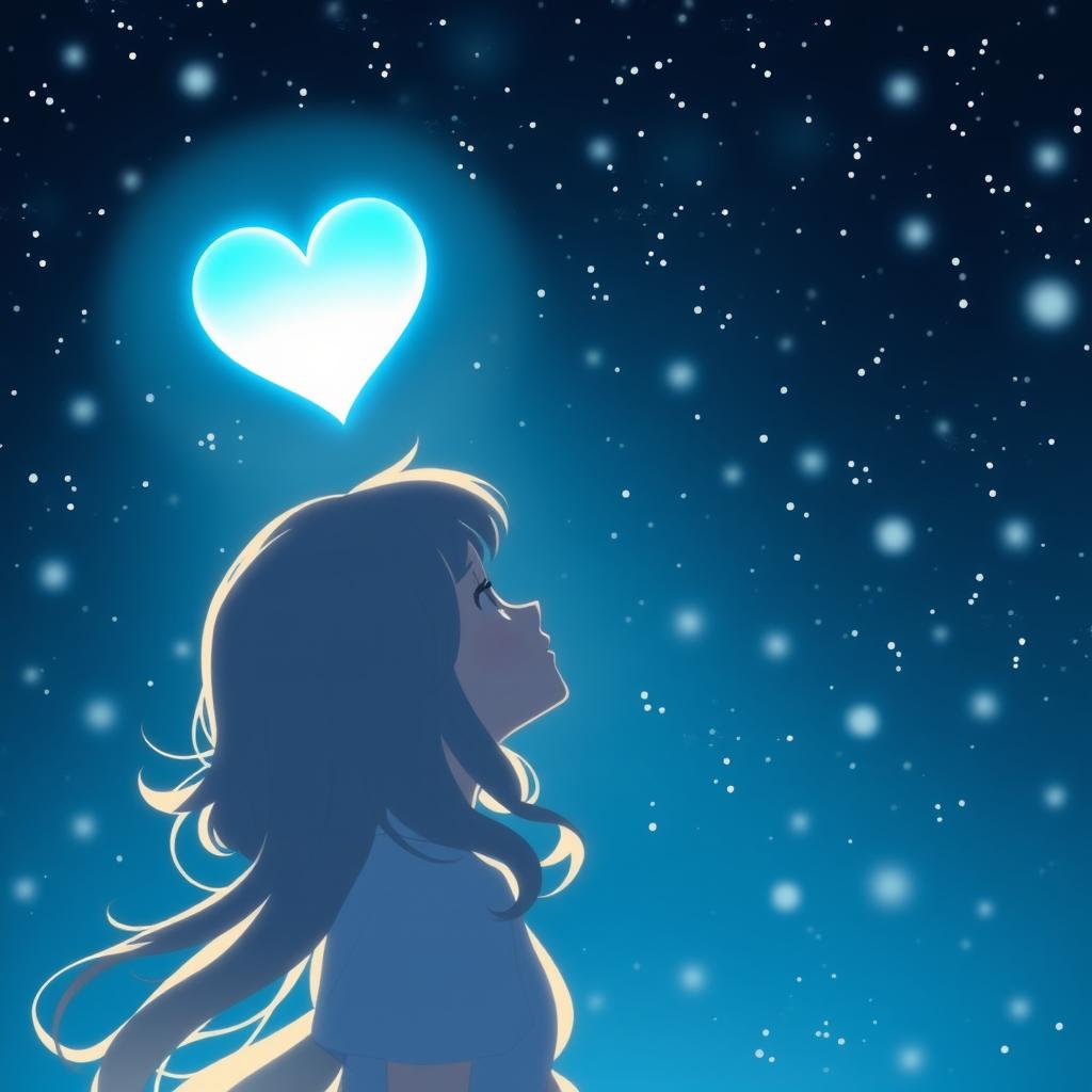 A character seen in profile, gazing up at a luminescent star shaped like a night blue heart