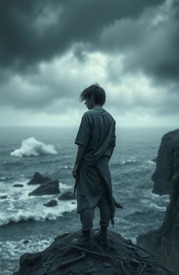 A scene filled with emotion and depth, depicting a solitary figure standing on a desolate cliff, gazing at a stormy sea under a dark, cloudy sky