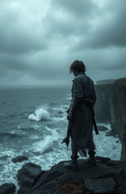 A scene filled with emotion and depth, depicting a solitary figure standing on a desolate cliff, gazing at a stormy sea under a dark, cloudy sky