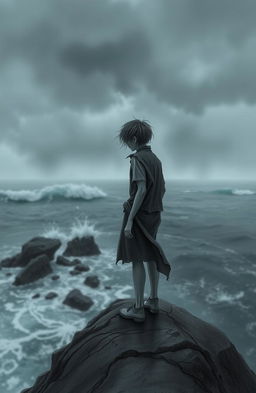 A scene filled with emotion and depth, depicting a solitary figure standing on a desolate cliff, gazing at a stormy sea under a dark, cloudy sky