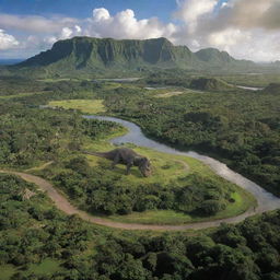 Visualize an extensive panorama view of Jurassic Park on Isla Nublar, brought to life by John Hammond. The iconic visitor center at the forefront, dinosaurs roaming freely and the lush green landscapes all under Hammond's watchful eye.