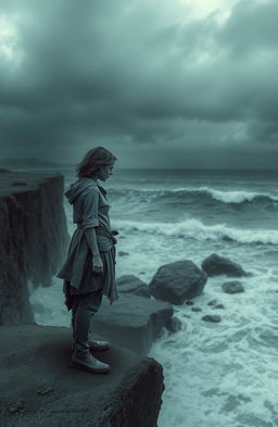 A scene filled with emotion and depth, depicting a solitary figure standing on a desolate cliff, gazing at a stormy sea under a dark, cloudy sky