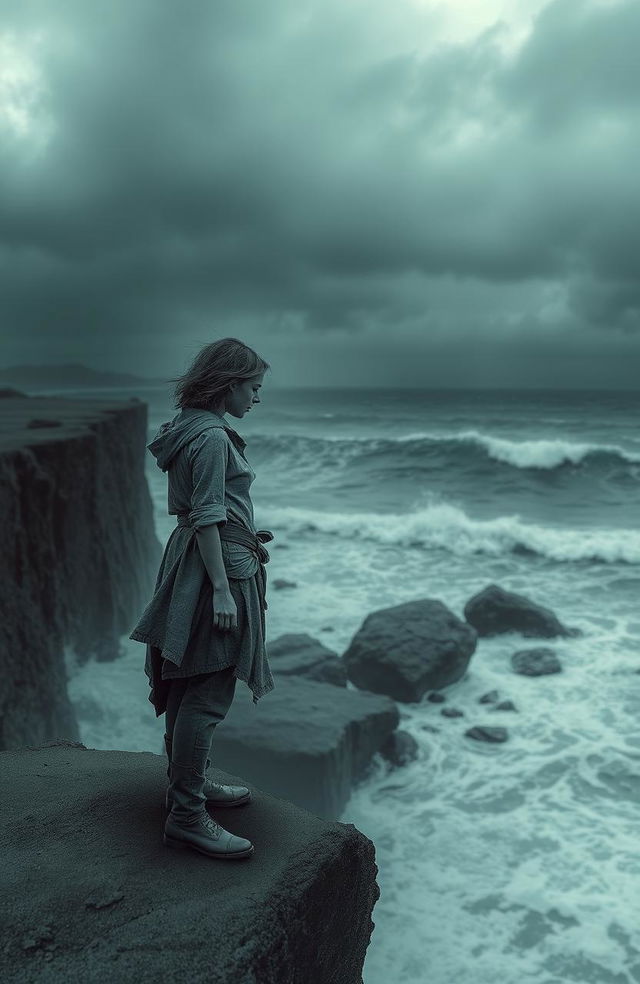 A scene filled with emotion and depth, depicting a solitary figure standing on a desolate cliff, gazing at a stormy sea under a dark, cloudy sky