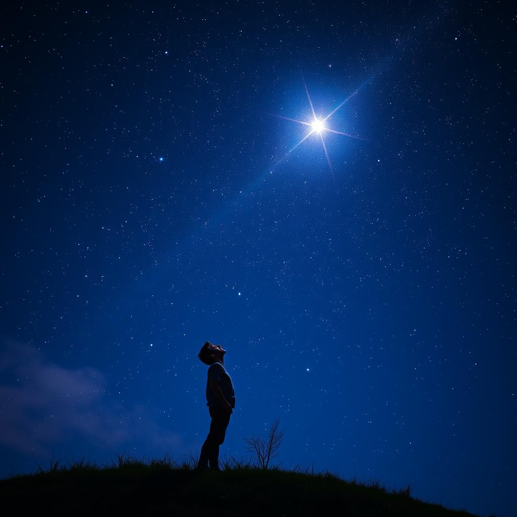 A man gazing up at a night sky filled with bright, twinkling stars, with one star shining distinctly brighter than the rest