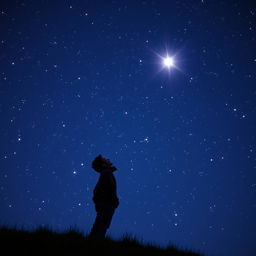 A man gazing up at a night sky filled with bright, twinkling stars, with one star shining distinctly brighter than the rest