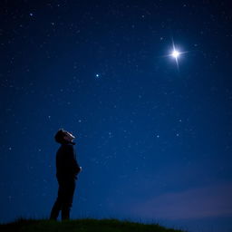 A man gazing up at a night sky filled with bright, twinkling stars, with one star shining distinctly brighter than the rest