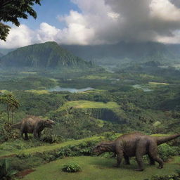 Visualize an extensive panorama view of Jurassic Park on Isla Nublar, brought to life by John Hammond. The iconic visitor center at the forefront, dinosaurs roaming freely and the lush green landscapes all under Hammond's watchful eye.