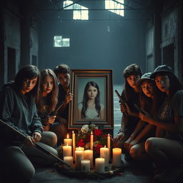 A powerful and emotional scene depicting a group of teenage cousins gathered in a dark, abandoned warehouse, their expressions a mix of determination and sorrow