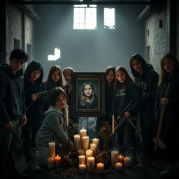 A powerful and emotional scene depicting a group of teenage cousins gathered in a dark, abandoned warehouse, their expressions a mix of determination and sorrow