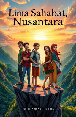 A captivating novel cover for 'Lima Sahabat Nusantara', featuring five friends (three males and two females) representing various ethnicities of Indonesia