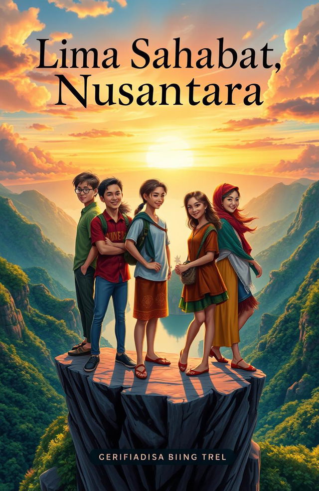 A captivating novel cover for 'Lima Sahabat Nusantara', featuring five friends (three males and two females) representing various ethnicities of Indonesia