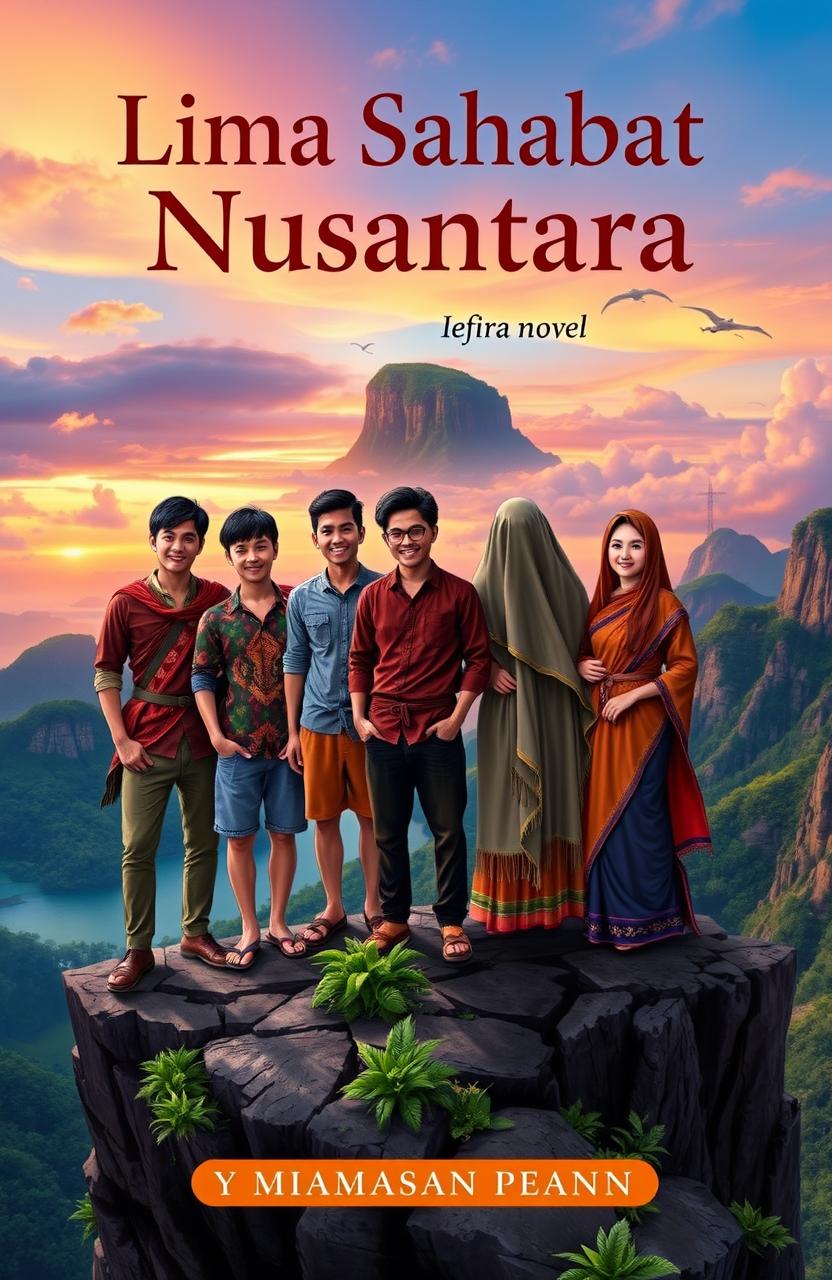 A captivating novel cover for 'Lima Sahabat Nusantara', featuring five friends (three males and two females) representing various ethnicities of Indonesia