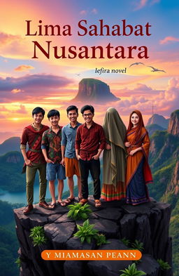 A captivating novel cover for 'Lima Sahabat Nusantara', featuring five friends (three males and two females) representing various ethnicities of Indonesia