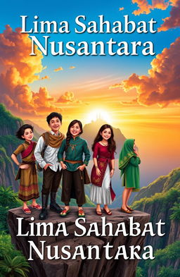 A captivating novel cover for 'Lima Sahabat Nusantara', featuring five friends (three males and two females) representing various ethnicities of Indonesia