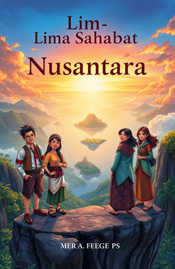 A captivating novel cover for 'Lima Sahabat Nusantara', featuring five friends (three males and two females) representing various ethnicities of Indonesia