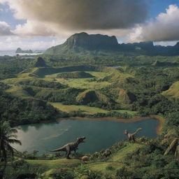 Visualize an extensive panorama view of Jurassic Park on Isla Nublar, brought to life by John Hammond. The iconic visitor center at the forefront, dinosaurs roaming freely and the lush green landscapes all under Hammond's watchful eye.