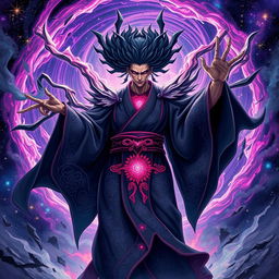 A powerful and ominous character named Doto Kimono, representing a being that transcends the 10th dimension, surrounded by swirling cosmic energies that hint at the destruction of all life