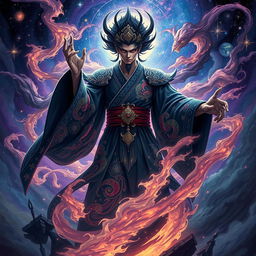 A powerful and ominous character named Doto Kimono, representing a being that transcends the 10th dimension, surrounded by swirling cosmic energies that hint at the destruction of all life