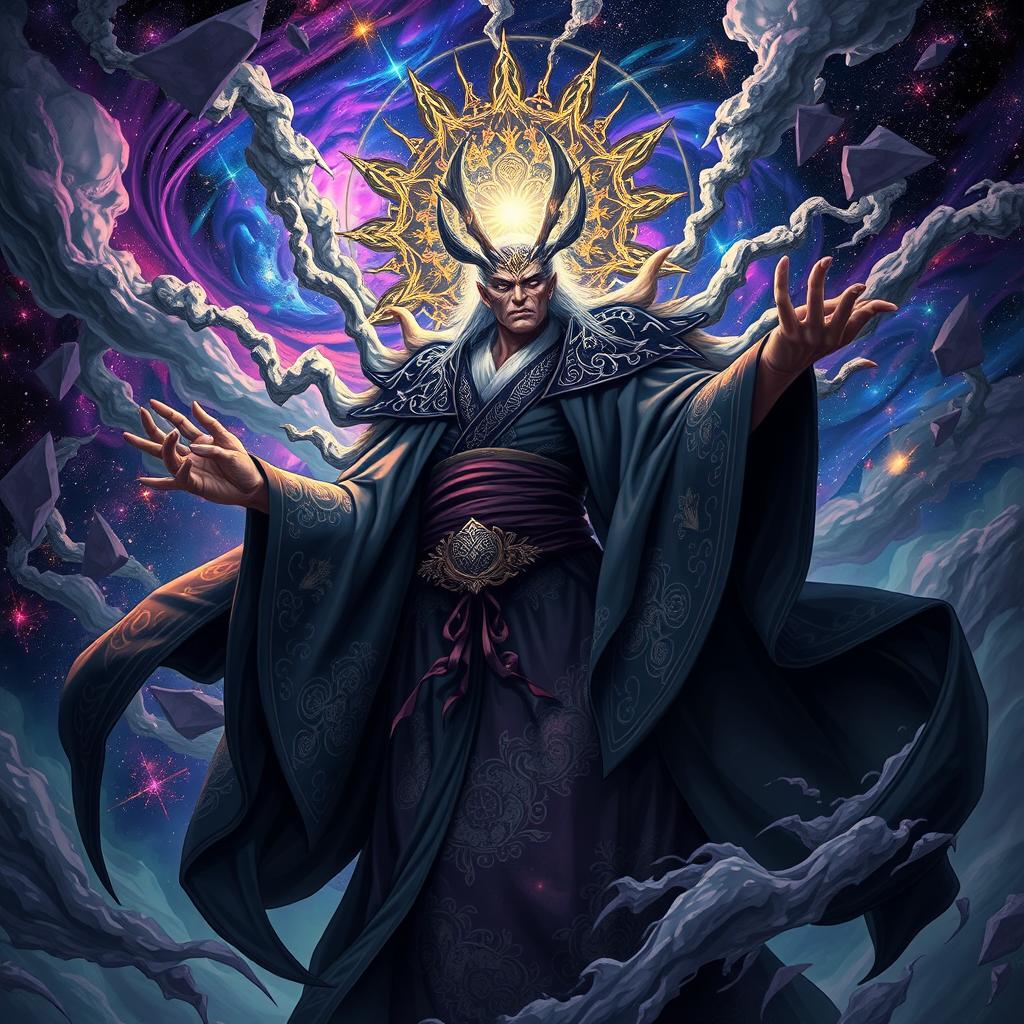 A powerful and ominous character named Doto Kimono, representing a being that transcends the 10th dimension, surrounded by swirling cosmic energies that hint at the destruction of all life