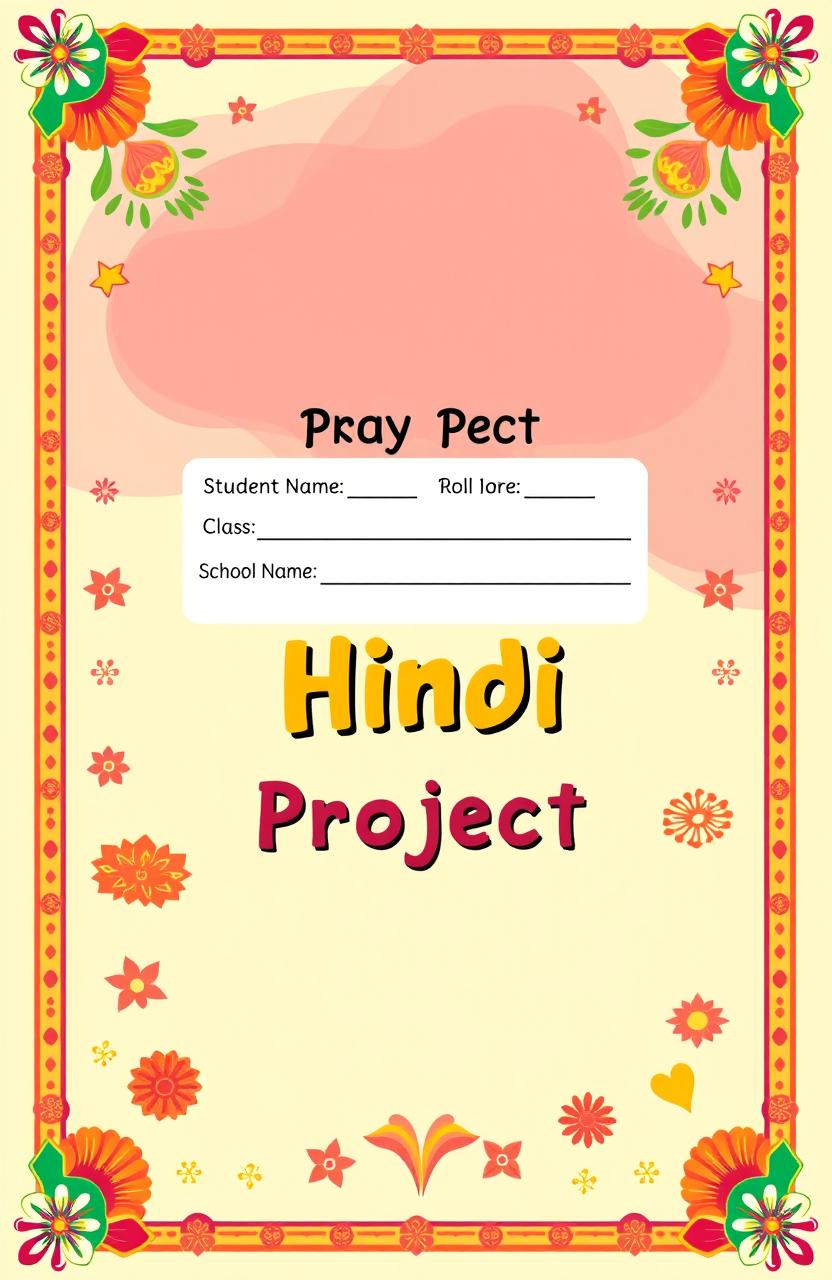 A creative and colorful cover page design for a Hindi project, featuring an animated illustration with vibrant borders