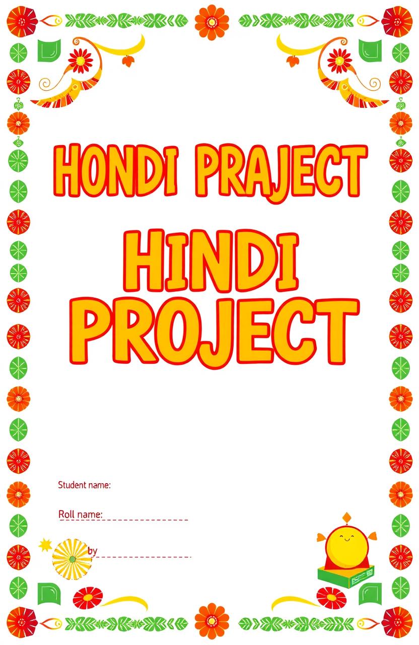 A creative and colorful cover page design for a Hindi project, featuring an animated illustration with vibrant borders